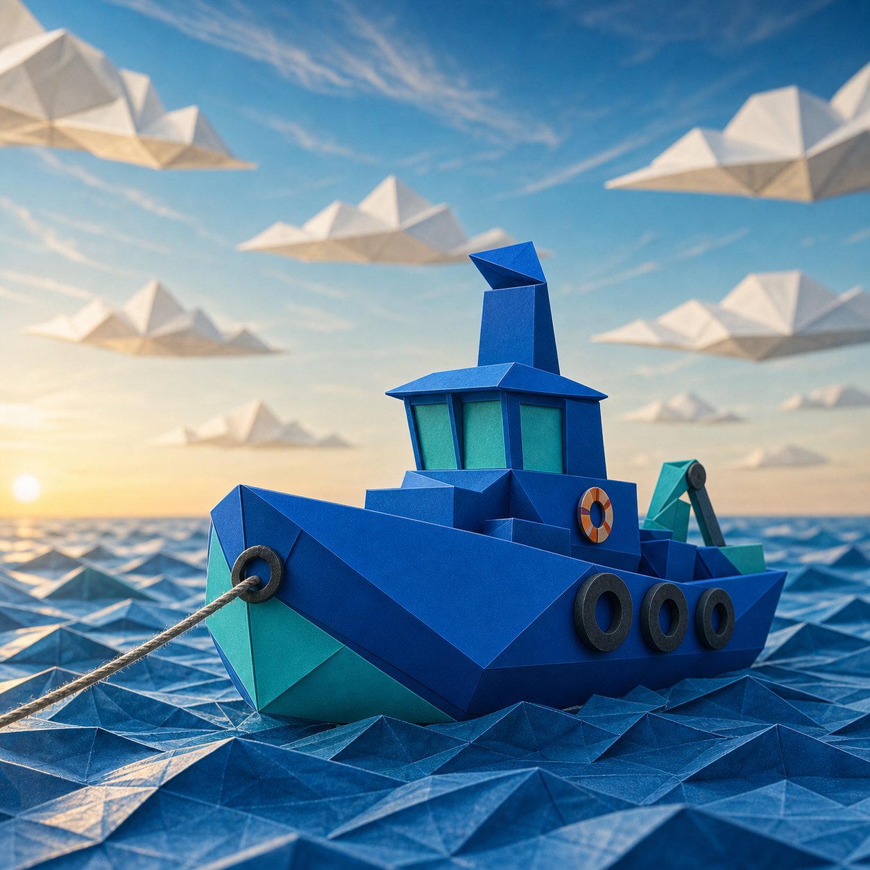 Tugboat On Water With Origami Background